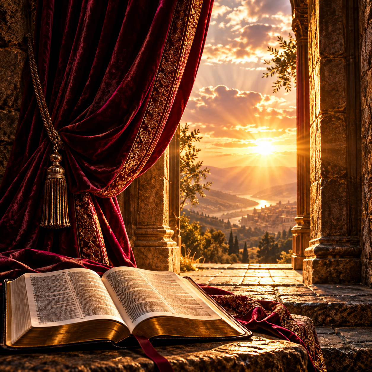 Burgundy curtain drawn back from an ancient stone doorway, revealing golden sunlight, with an open Bible in the foreground.