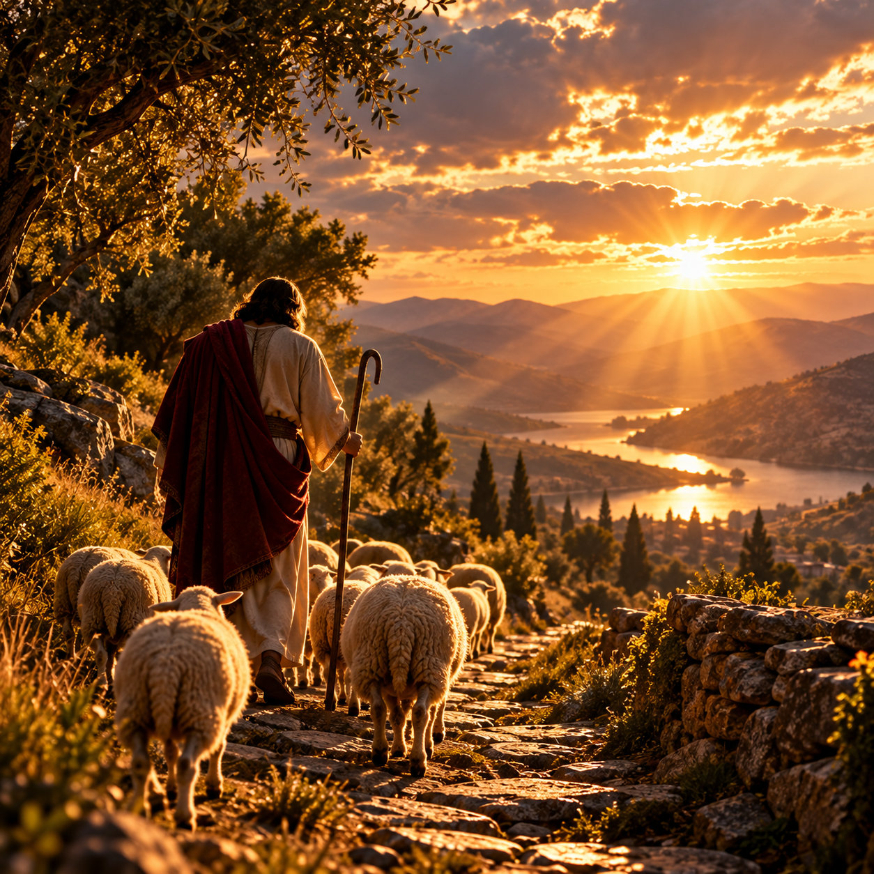 A shepherd guides a flock of sheep along a sunlit hillside path.