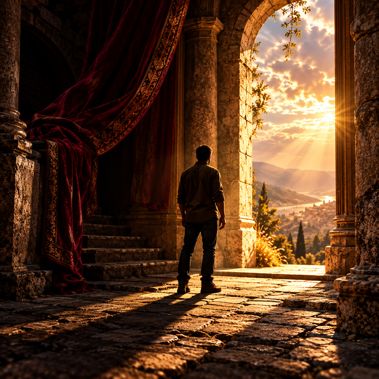 A person stands between a shadowed stone passage and a doorway filled with golden light.