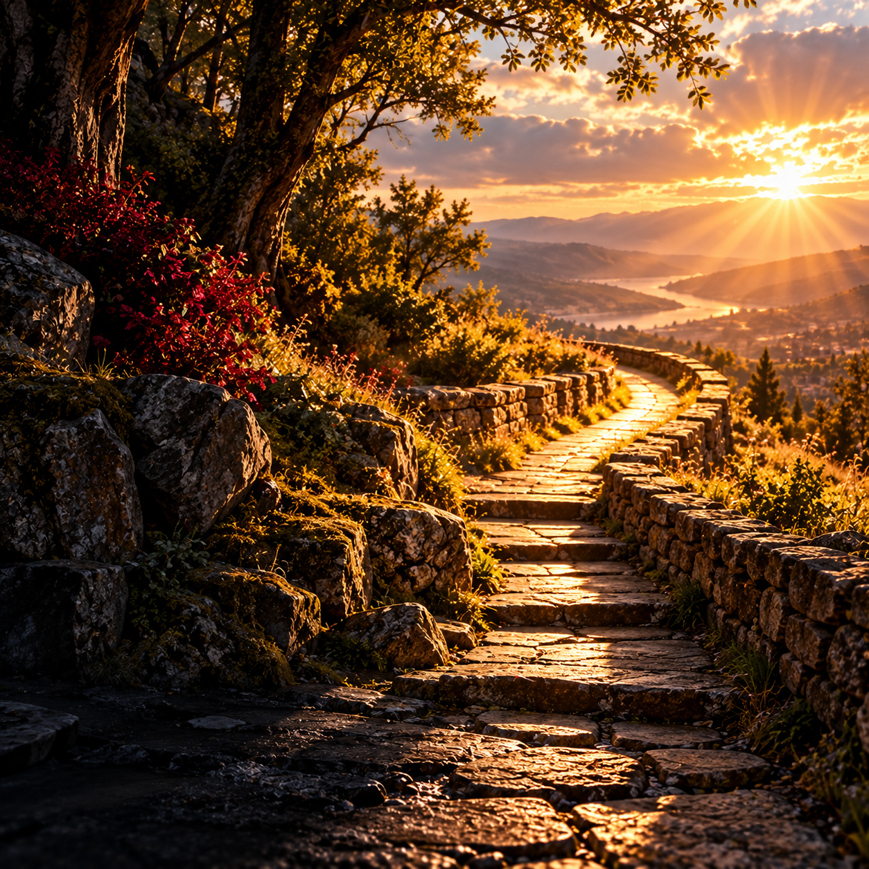 A winding stone path leads from deep shadow toward a golden sunrise.