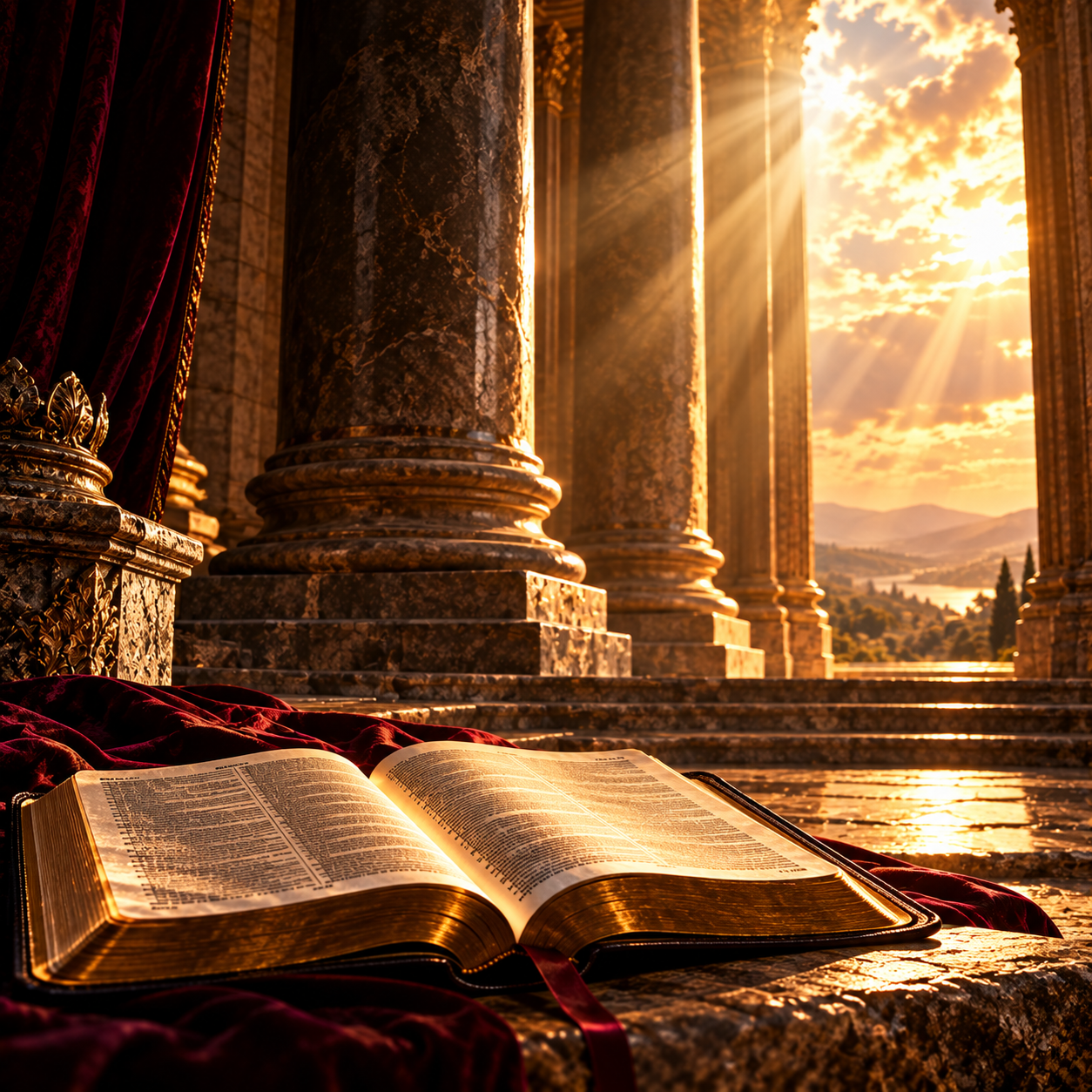An open Bible rests before towering stone pillars illuminated by golden sunlight.