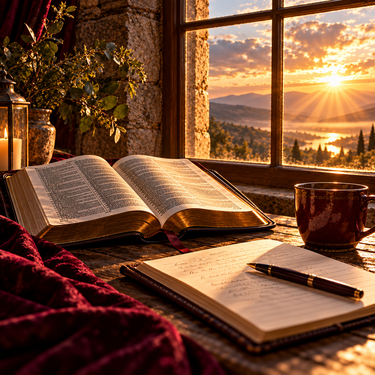 An open Bible, journal, and pen rest beside a window at sunrise.