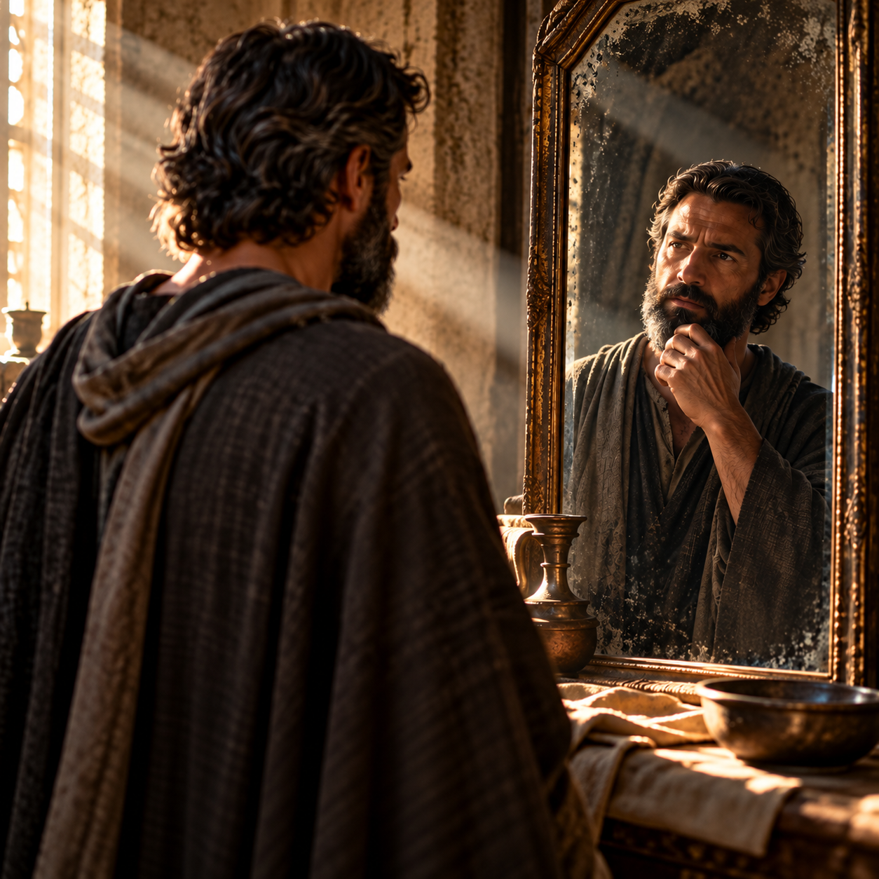 A man kneels beside an open Bible while examining his reflection in a mirror.
