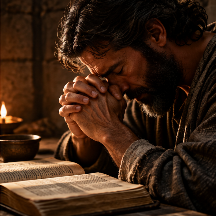 Hands clasped in prayer above an open Bible in warm morning light.