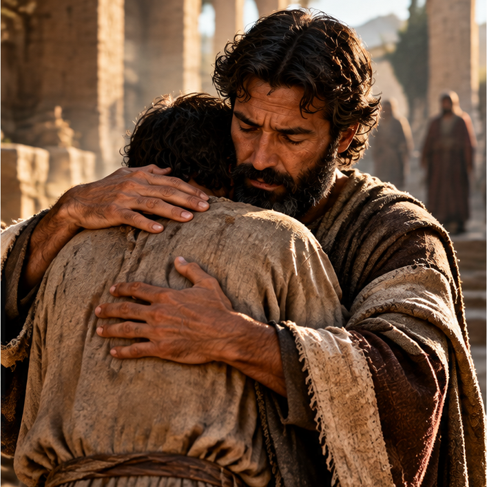 An older man embraces a younger man in a moment of restoration.