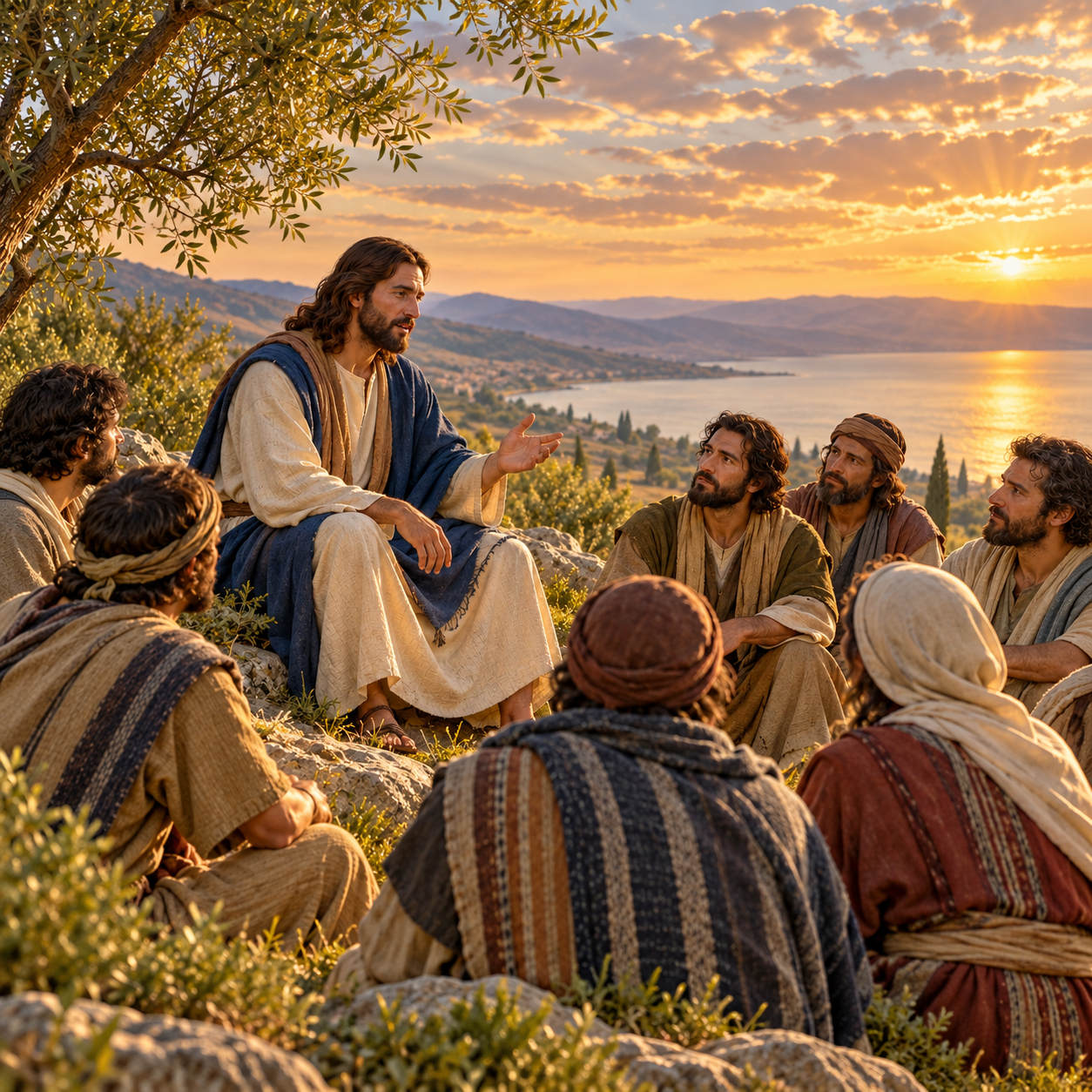 Jesus teaches His disciples on a hillside, illustrating His divine authority.