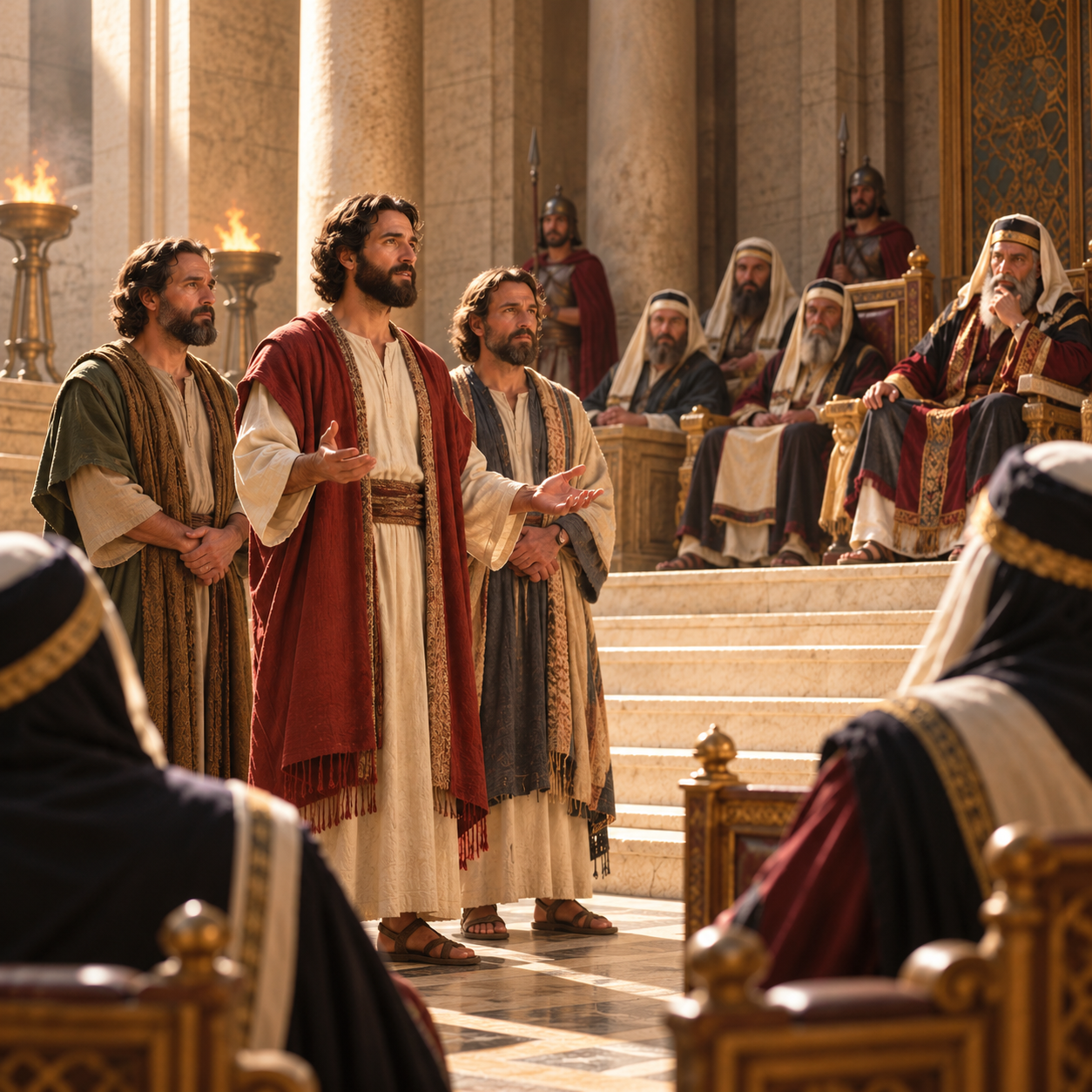 The apostles stand calmly before a council, resolved to obey God rather than men.