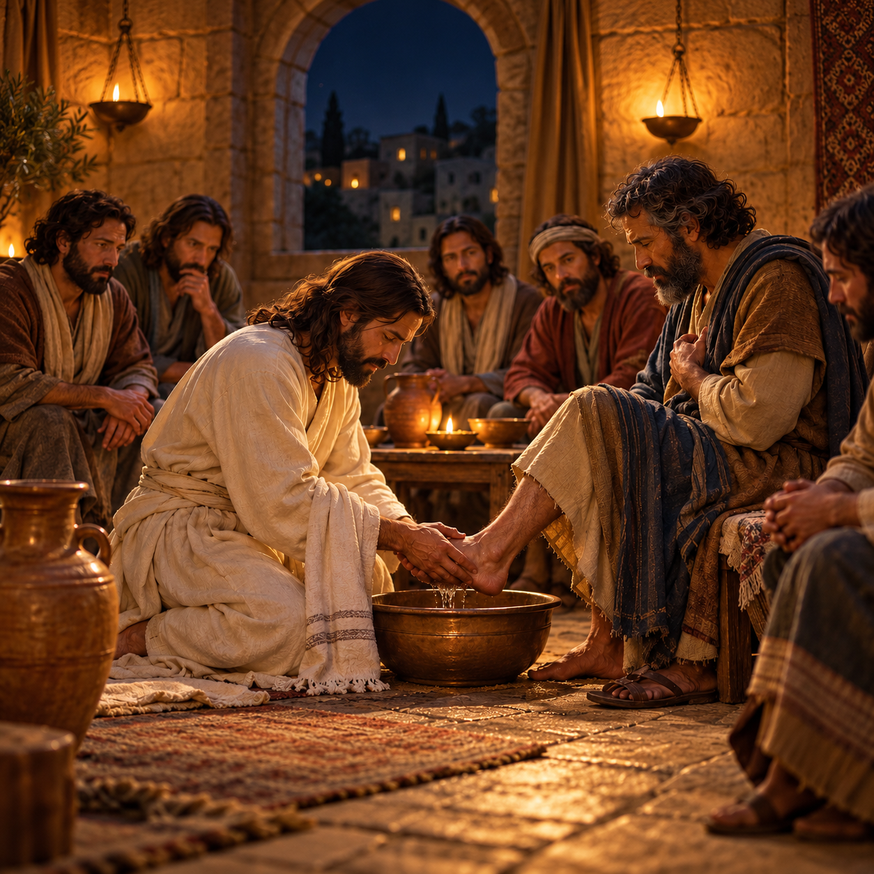 Jesus humbly washes a disciple’s feet, showing leadership through service.