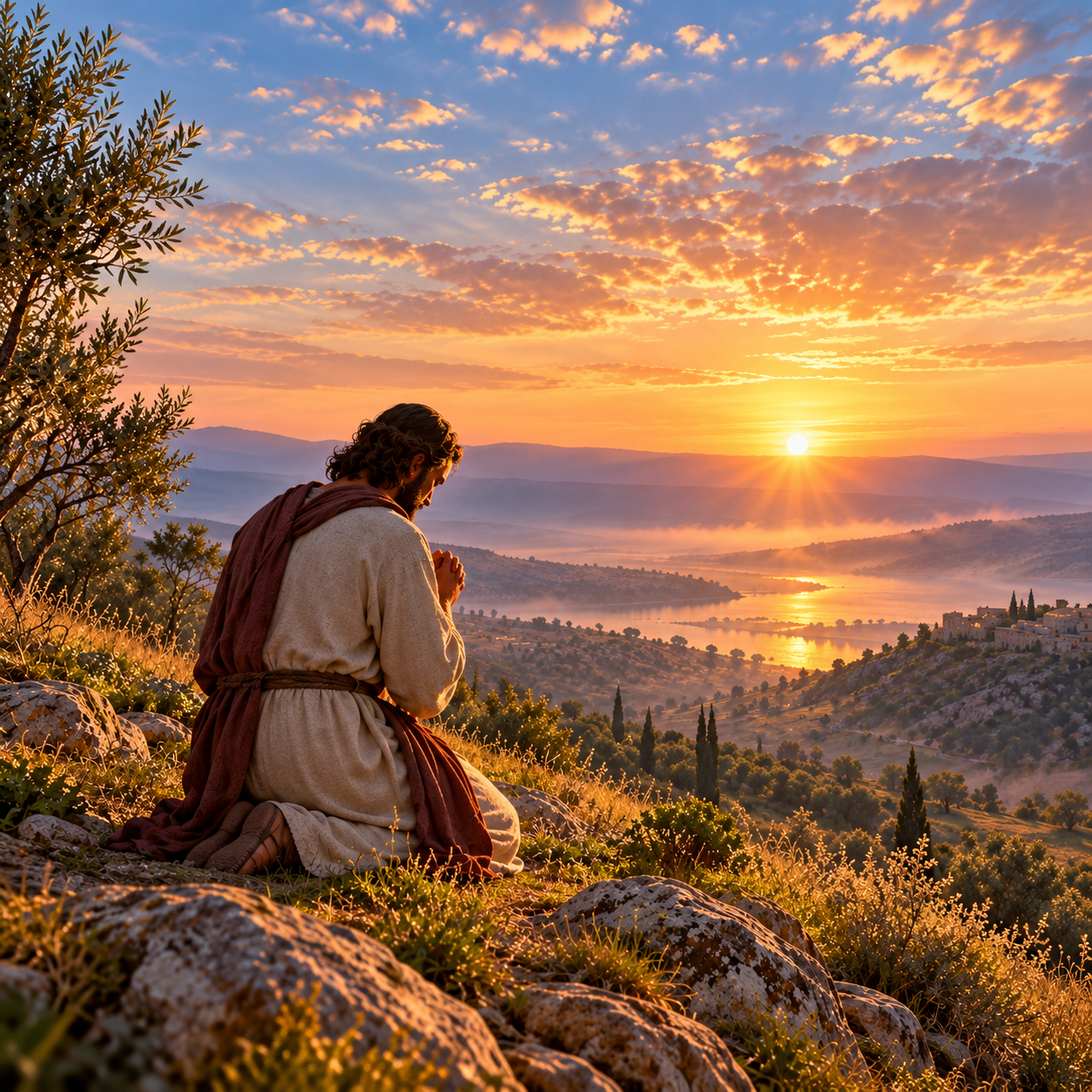 A person prays at dawn as the sunrise brings a new day.