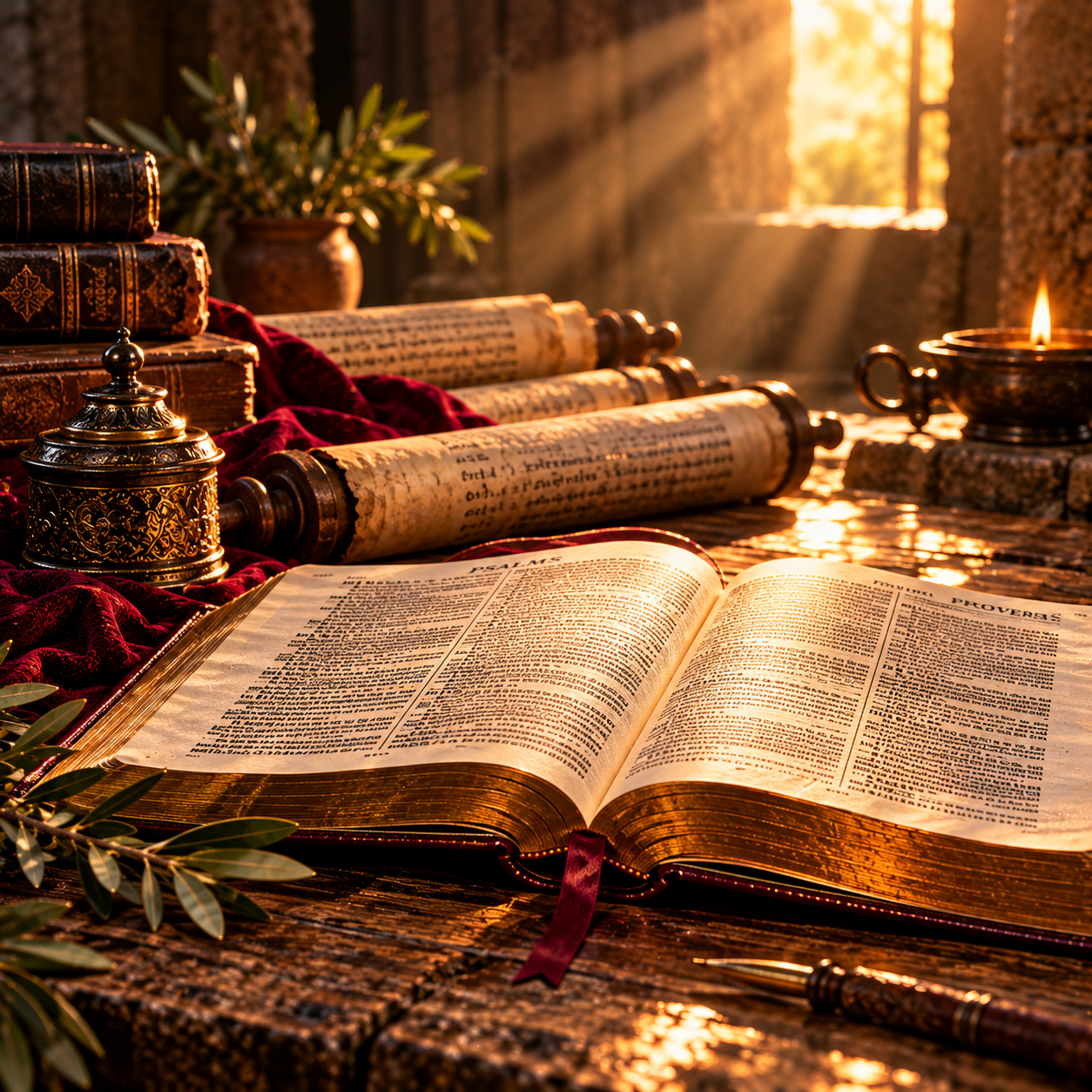 An ornate Bible resting on a rugged stone foundation at sunrise