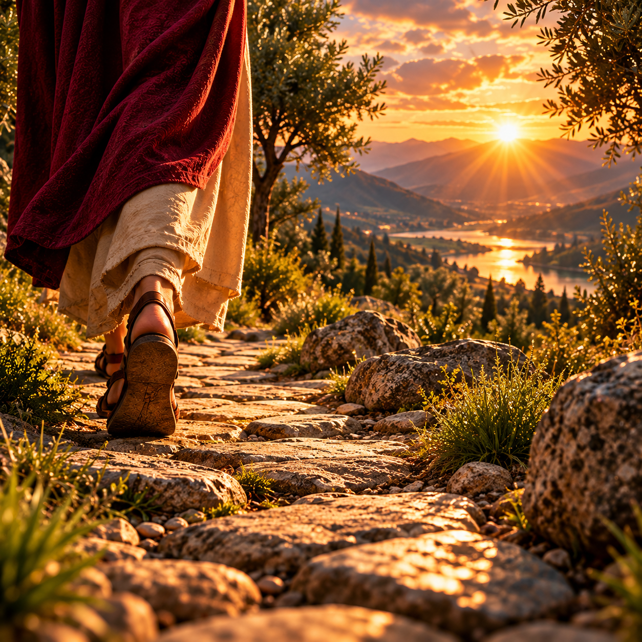 A wooden cross draped in burgundy cloth beside a crown of thorns at sunrise