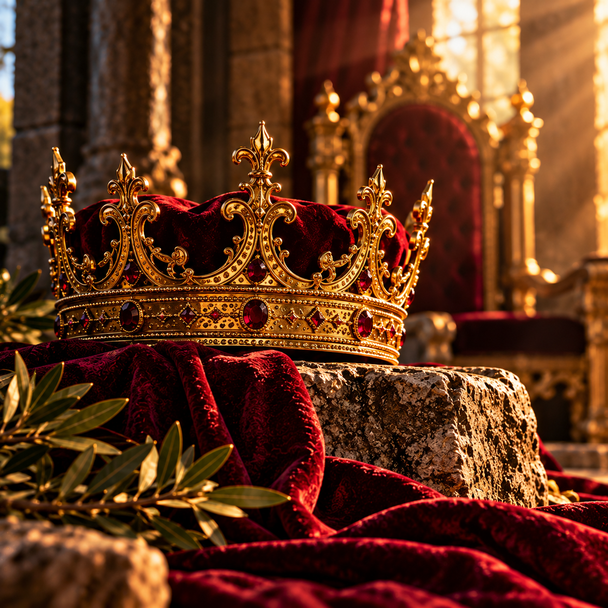 An ornate crown resting on burgundy velvet before a throne
