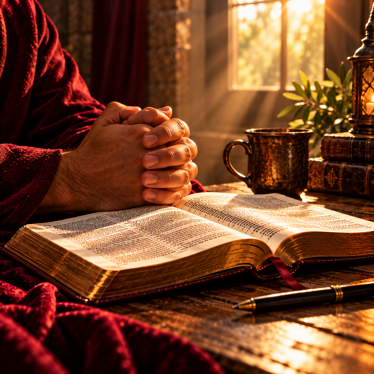 An open Bible and ancient scrolls in a warm, sunlit study