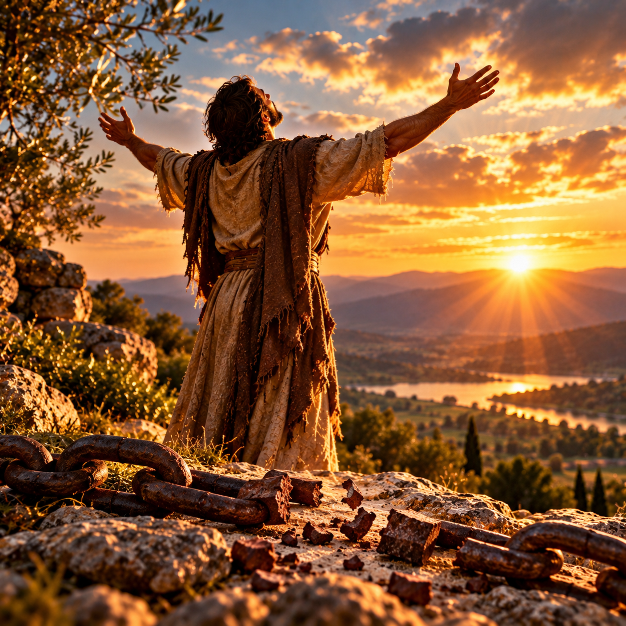 A man standing with raised arms as broken chains lie in the foreground