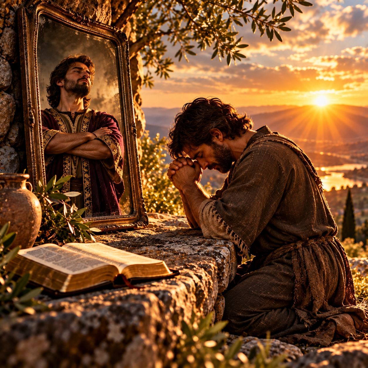 A man kneeling beside an open Bible as he examines his reflection in a mirror