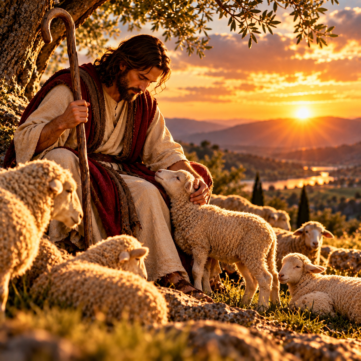 A shepherd tending sheep at sunset