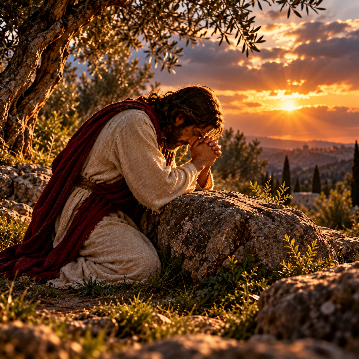 A robed figure praying in a garden at sunset