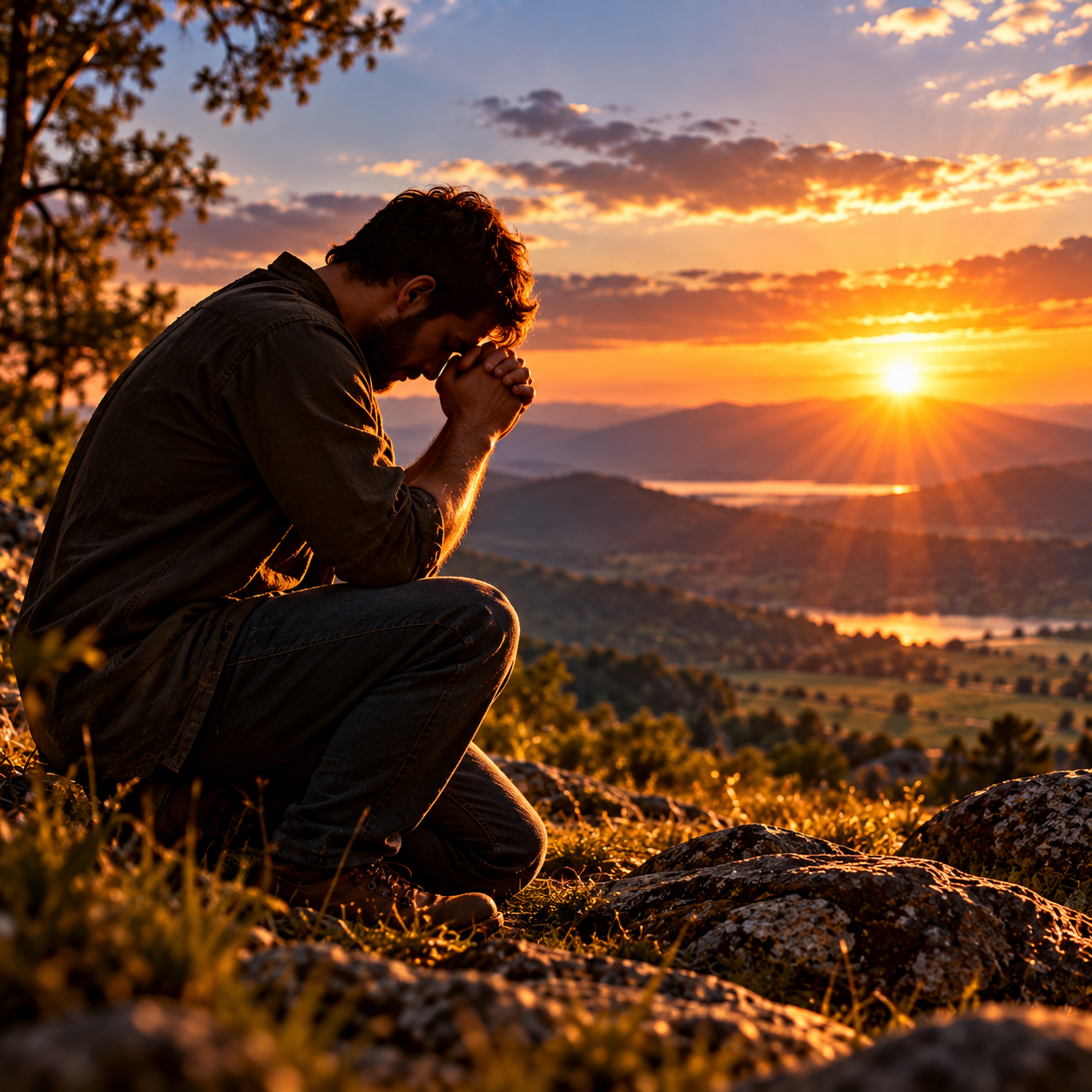 A person standing at a difficult crossroads at sunset
