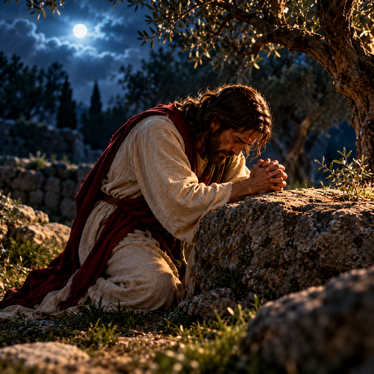 Jesus praying in Gethsemane before His arrest