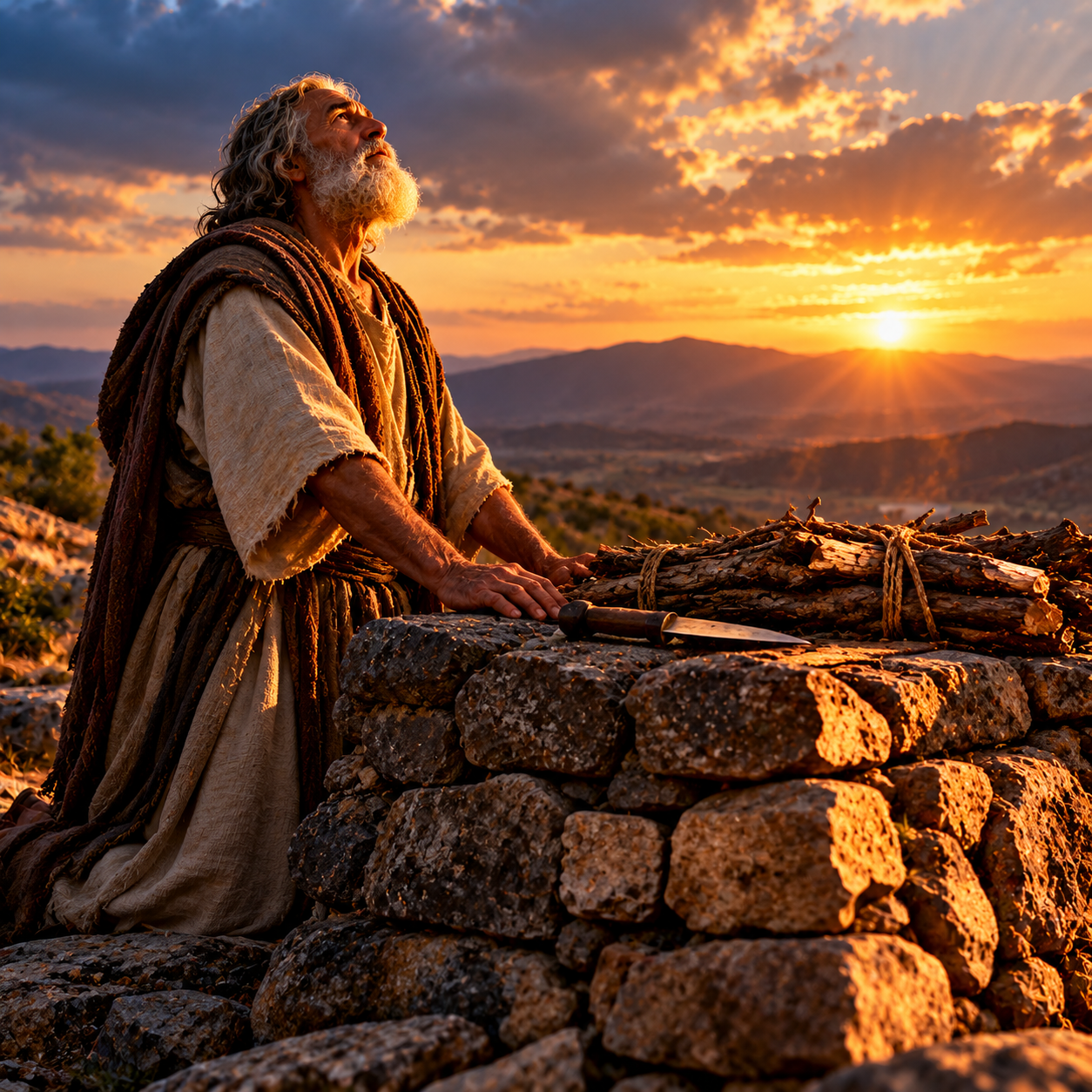 Abraham beside the altar on Mount Moriah with Isaac