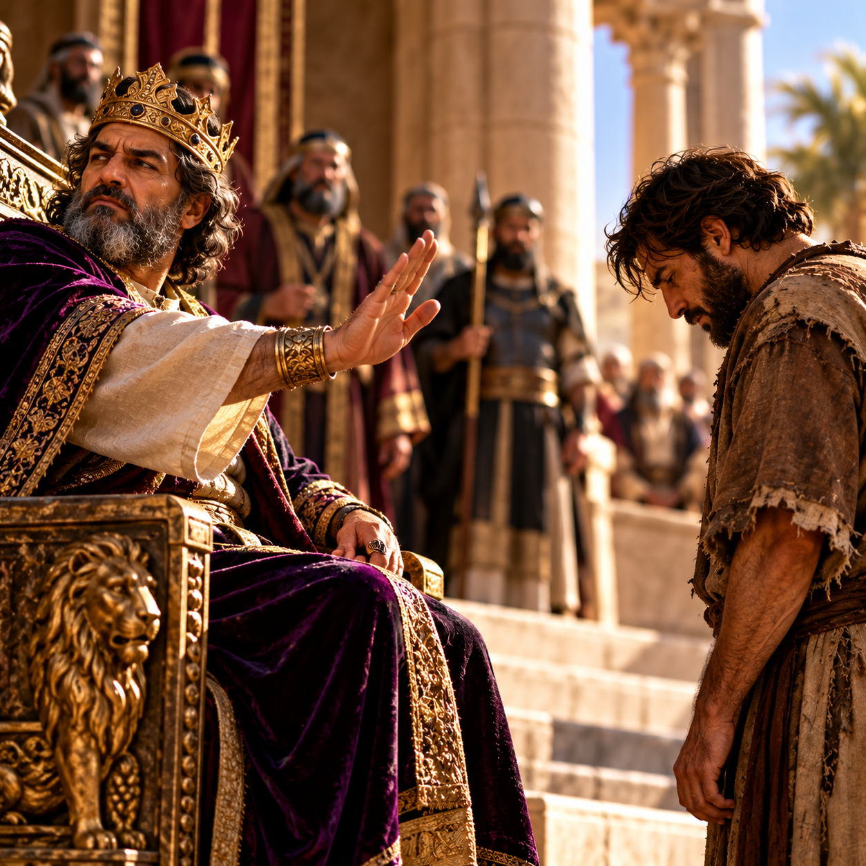A king gesturing toward a humbled man in an ancient courtyard