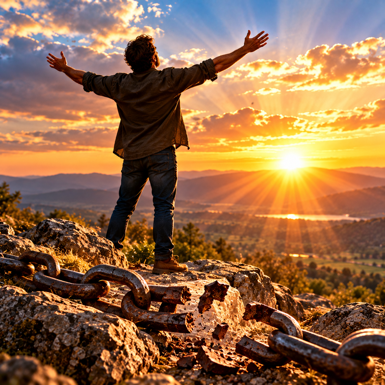A person standing in freedom on a mountaintop with broken chains at sunrise