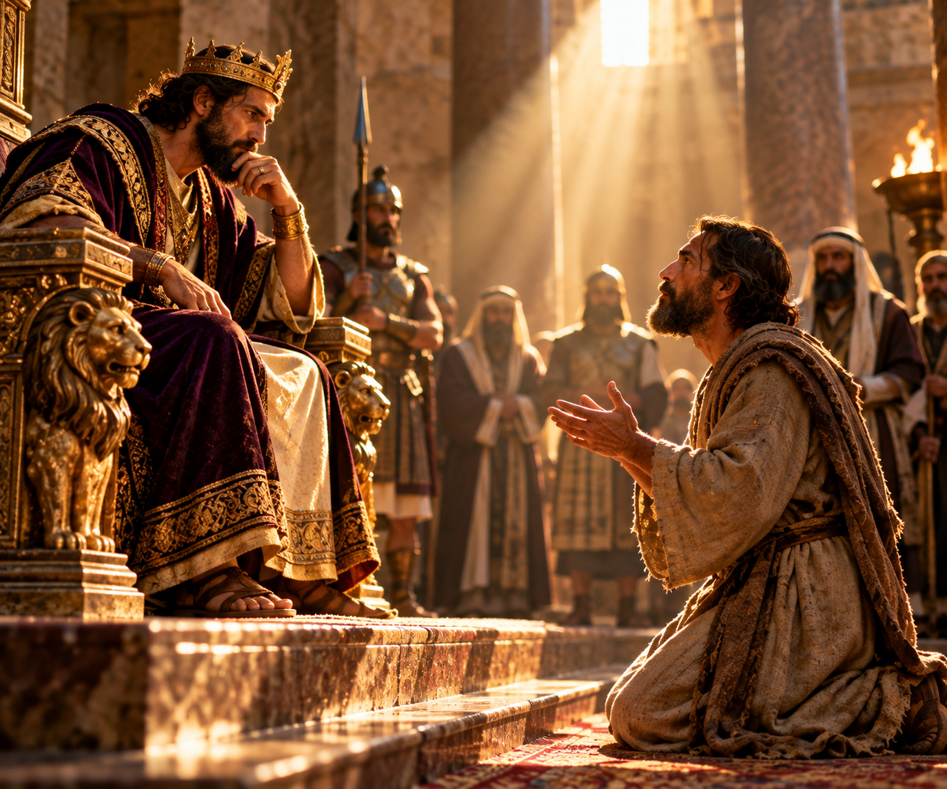 A king gesturing toward a humbled man in an ancient courtyard