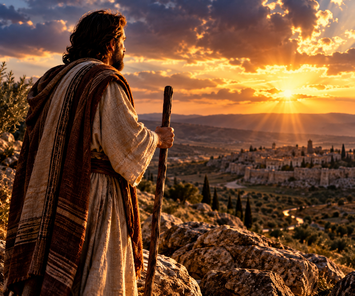 A person standing at a difficult crossroads at sunset