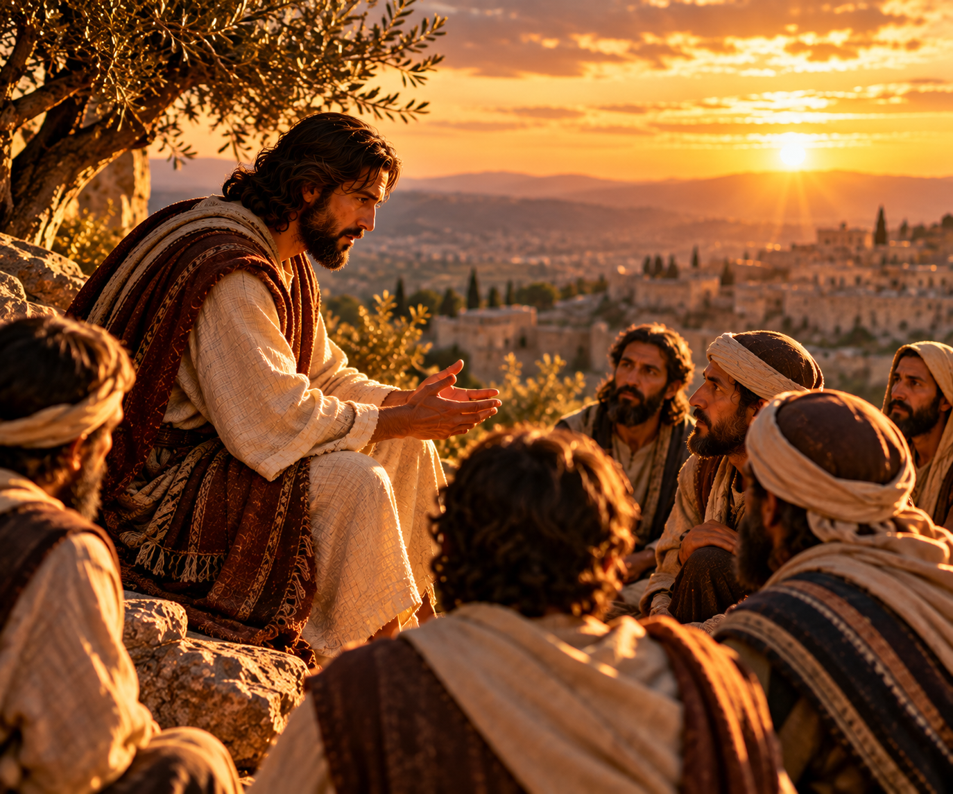Jesus teaching a gathered group of disciples on a hillside at sunset