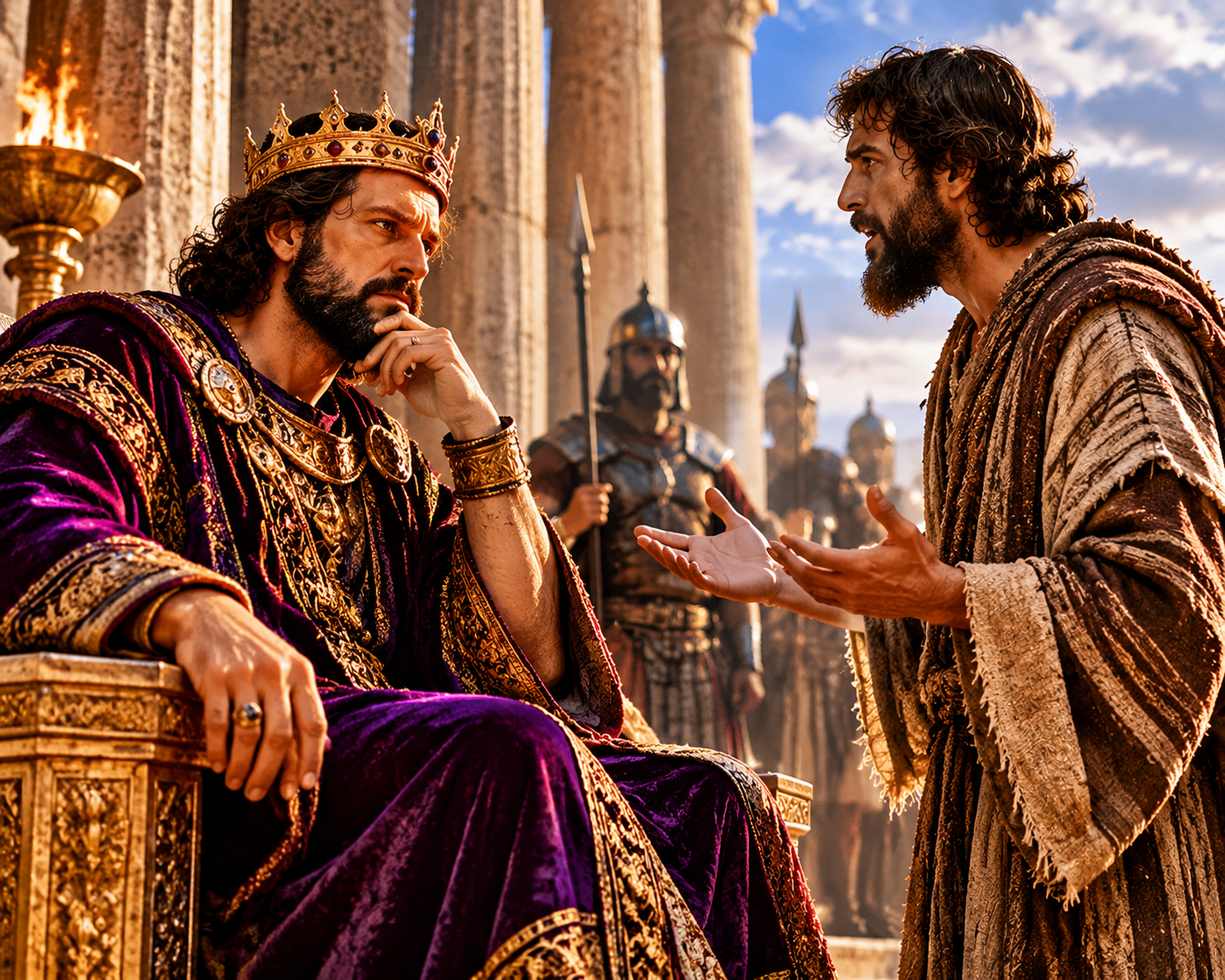 A king listening as a man speaks before him in an ancient courtyard