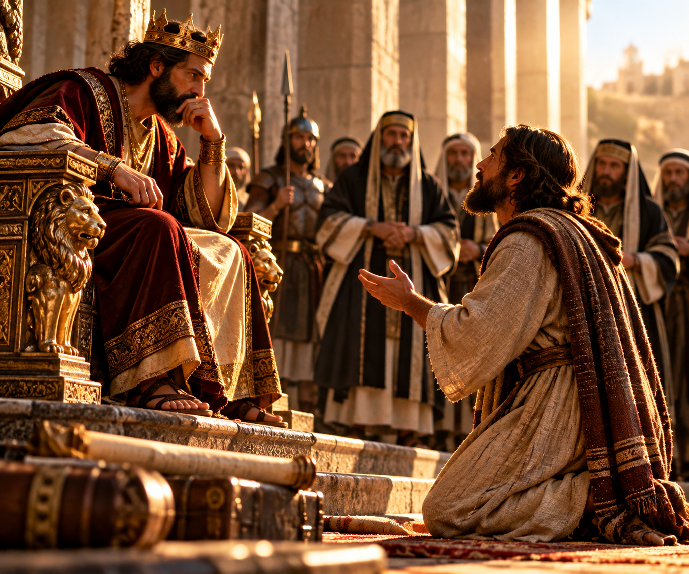 A king listening thoughtfully to a kneeling man who addresses him