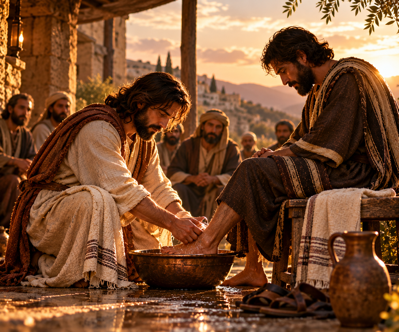 Jesus humbly washing a disciple’s feet in a courtyard