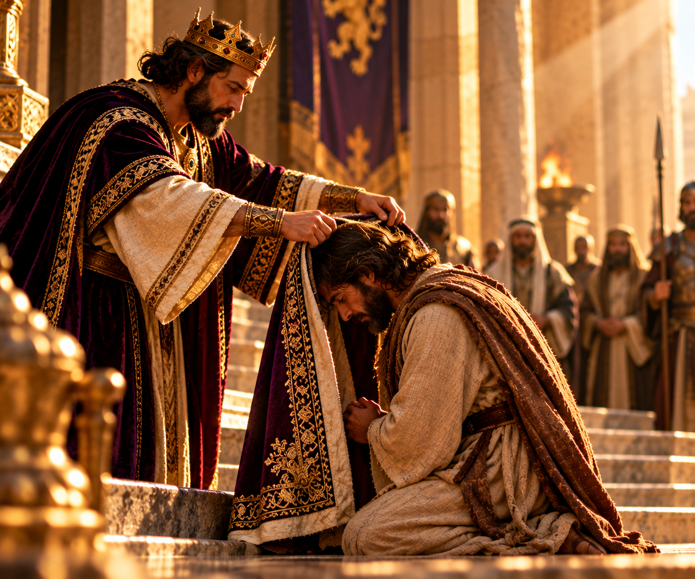 A ruler placing a mantle on a kneeling man as a sign of responsibility