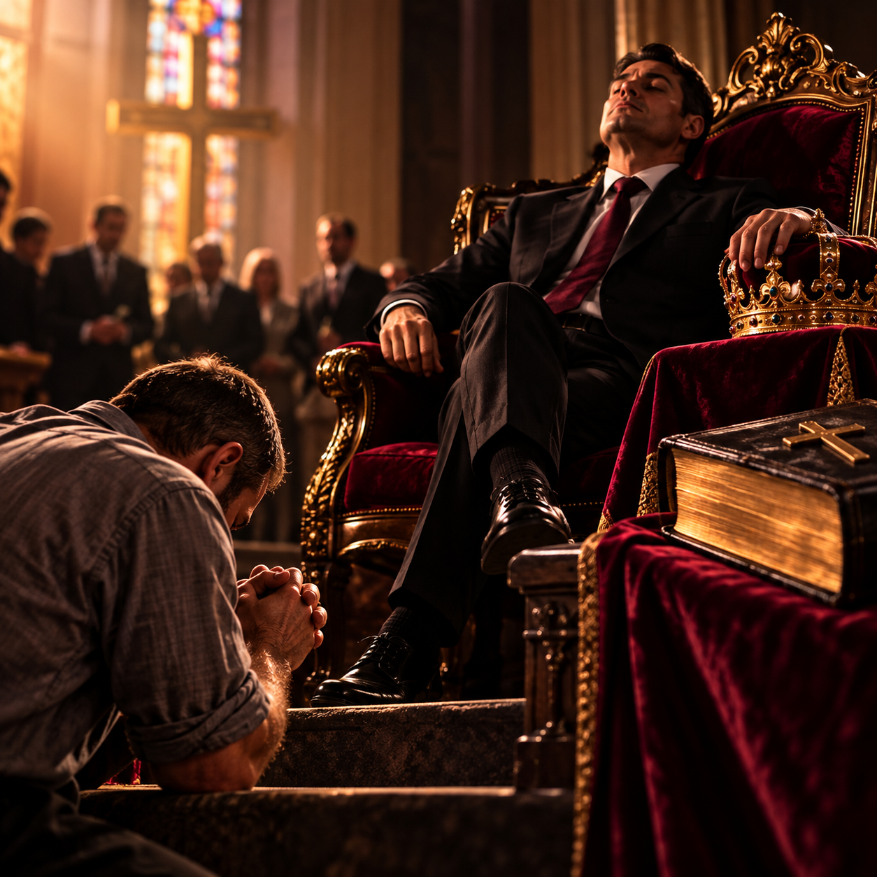 A proud leader sits on an ornate throne while a distressed man kneels nearby, symbolizing authority used for personal benefit.