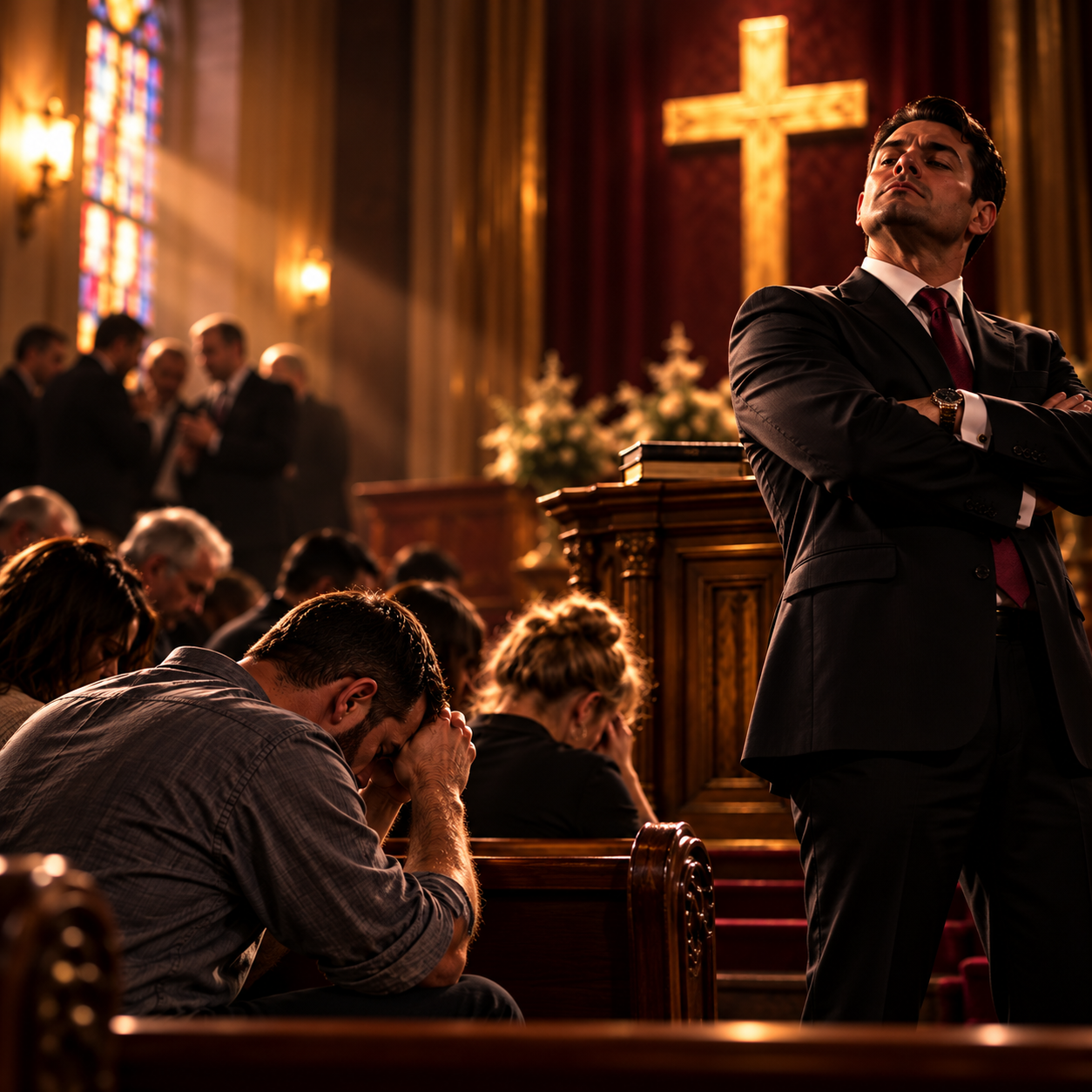 A self-important church leader stands with folded arms while people pray in the background, contrasting outward status with humility.