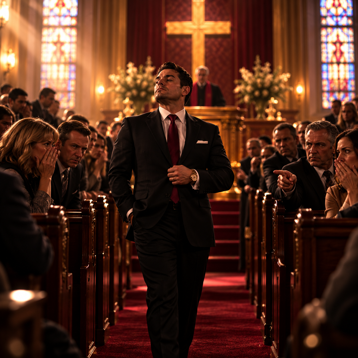 A confident man walks down a church aisle as congregants look on with concern, illustrating the danger of pride and public appearances.
