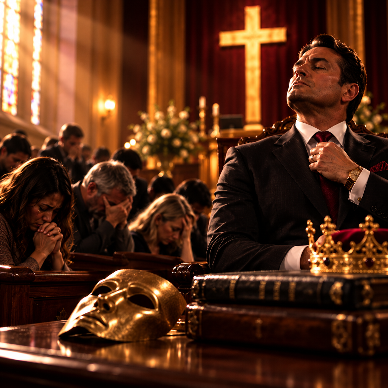 A self-satisfied leader sits beside a golden mask and books while congregants pray in distress, symbolizing hypocrisy and neglected spiritual care.