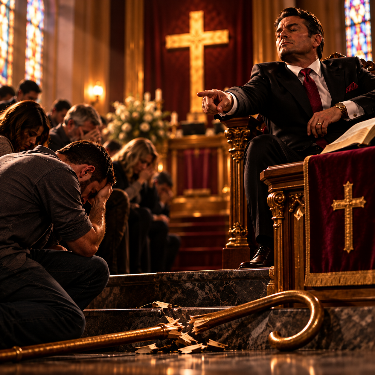 A leader points from an elevated seat toward a kneeling man, representing the misuse of authority and the need to stand for truth.