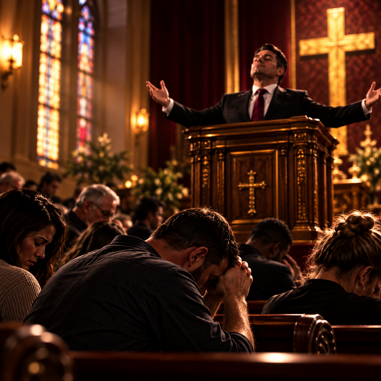 A preacher raises his arms behind a pulpit while congregants bow their heads in a solemn sanctuary.