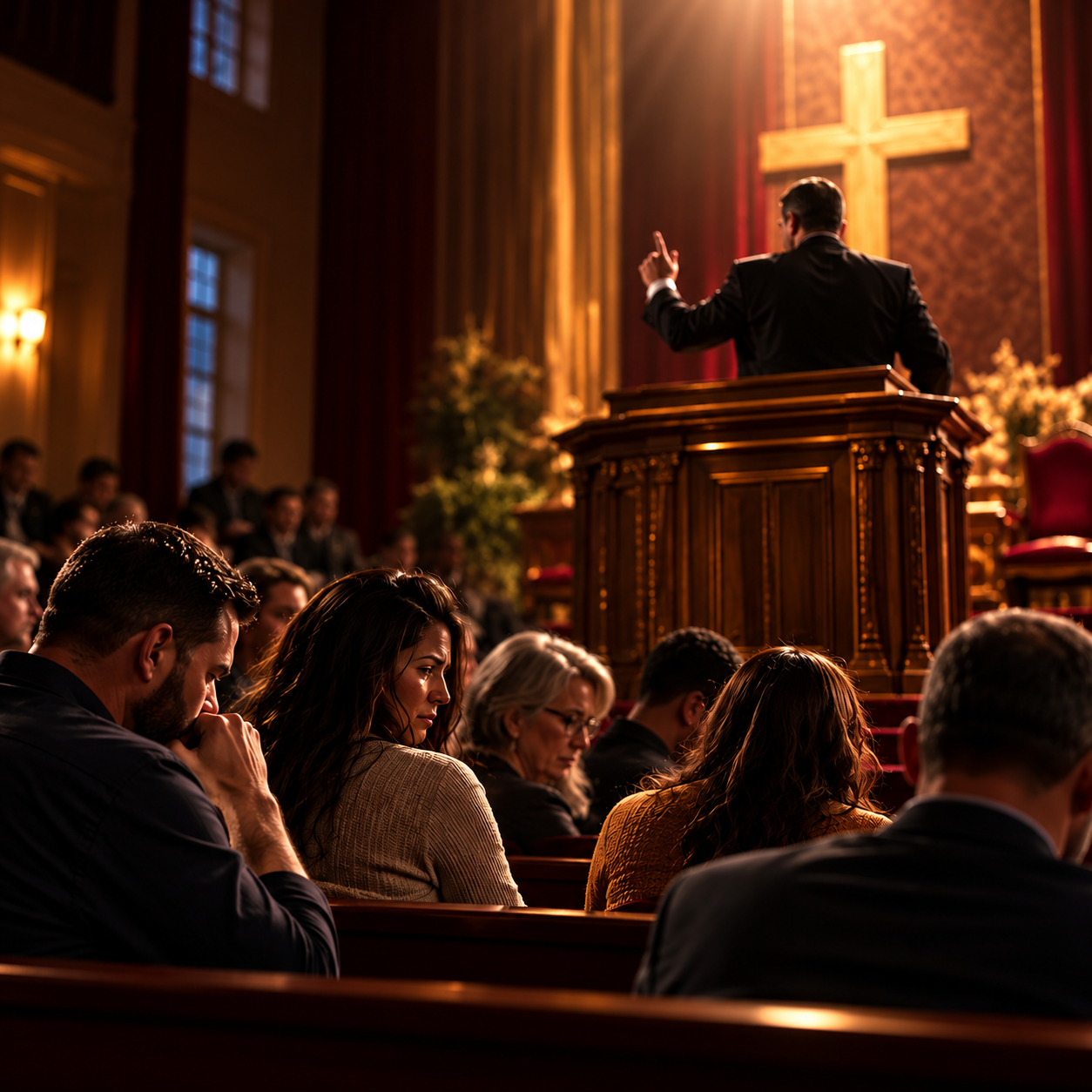 A church leader stands at the pulpit before a congregation, illustrating the responsibility that comes with spiritual authority.