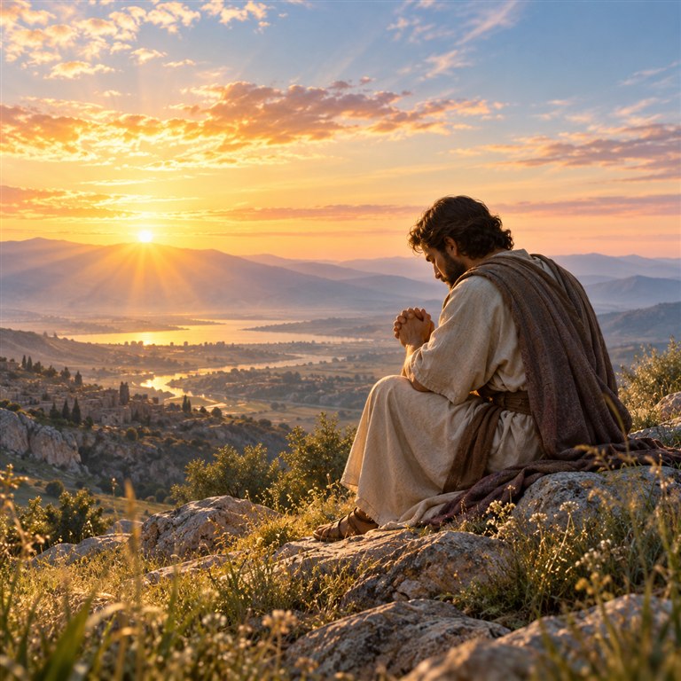 A person prays quietly at dawn on a hillside, looking toward a new day.