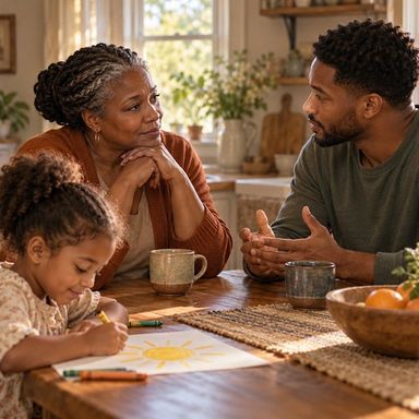 A mother and adult son listening to one another at home while a young child draws nearby, representing a family choosing a healthier pattern.