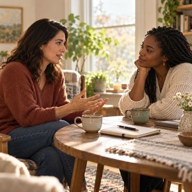 Two friends having a calm, honest conversation in a sunlit room as one listens with compassion.