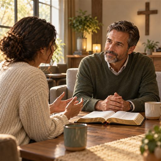 A church leader listens at eye level to a congregant beside an open Bible.