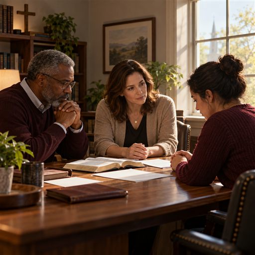Church leaders and a congregant discuss a concern around an open Bible with attentive, humble expressions.