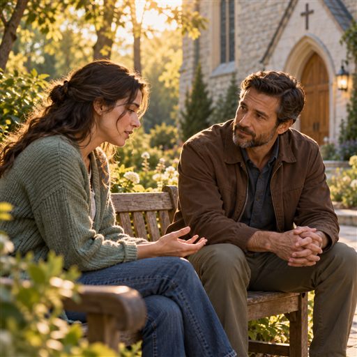 A trusted friend listens with compassion as a woman shares her experience outside a church.