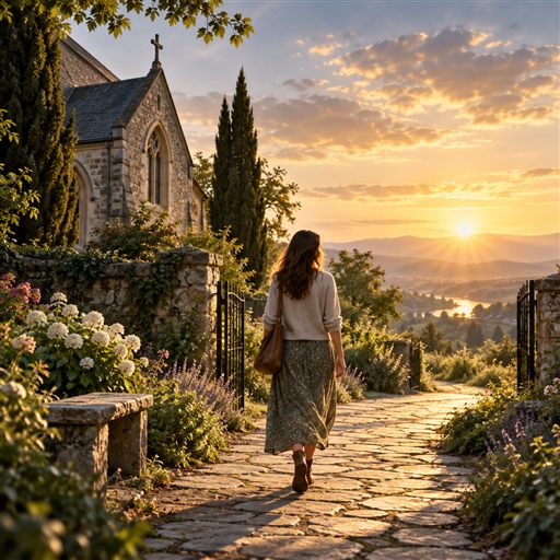 A woman walks forward along a garden path at sunrise, carrying hope into a new day.