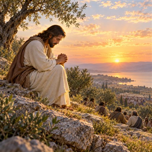 Jesus prays on a quiet hillside at dawn while His disciples and a distant crowd remain below.