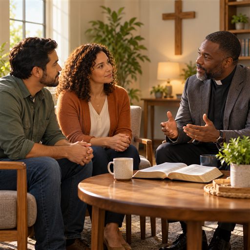 A couple speaks with a pastor in a calm church meeting room, listening to one another.