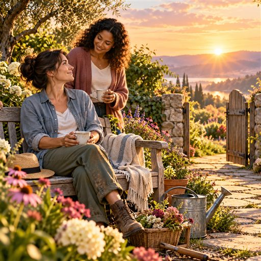A woman rests in a flowering garden with a supportive friend nearby at sunrise.